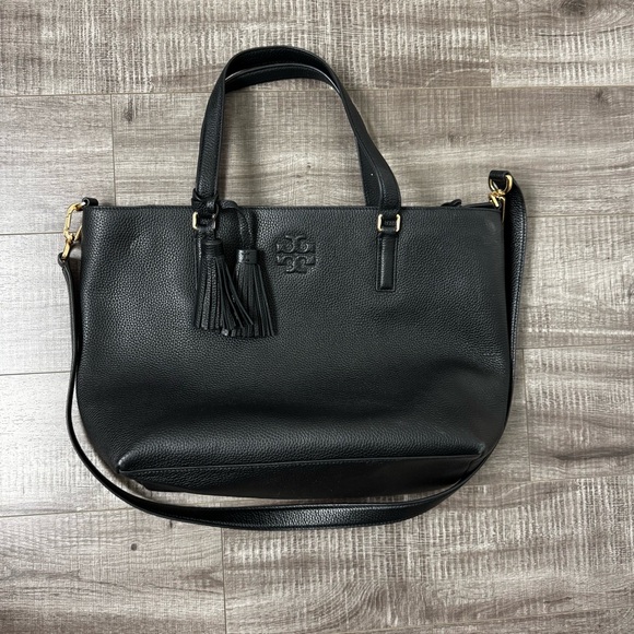 Tory Burch Thea Leather Tote Black w Tassels - Picture 1 of 6
